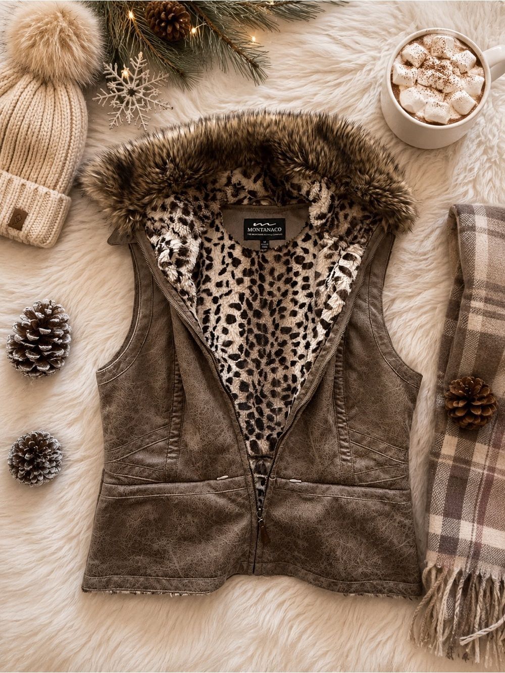 Montanaco Faux Shearling Leather Vest Leopard Lined Fur Collar Brown Size M